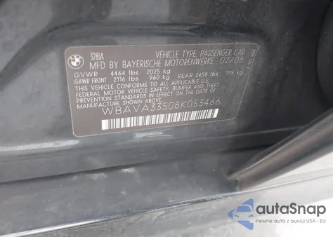 2008 BMW 328I z USA, uszkodzony, nr VIN WBAVA33508K053466